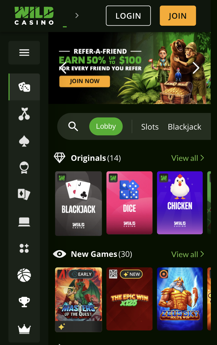 Wild Casino official app interface on mobile device